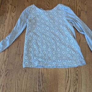 J. Crew Women's XS Gray Top White Eyelet Lace Overlay 3/4 Quarter Sleeves